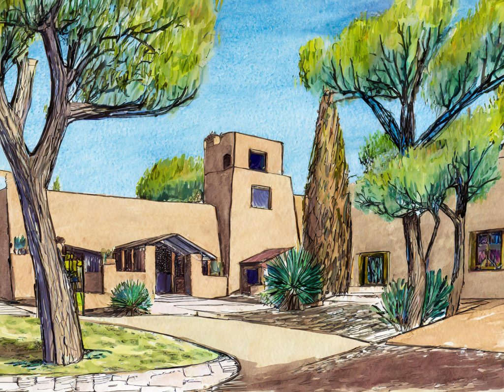 Firefly architectural concept drawing of a modern village plaza with adobe structures , pine trees,