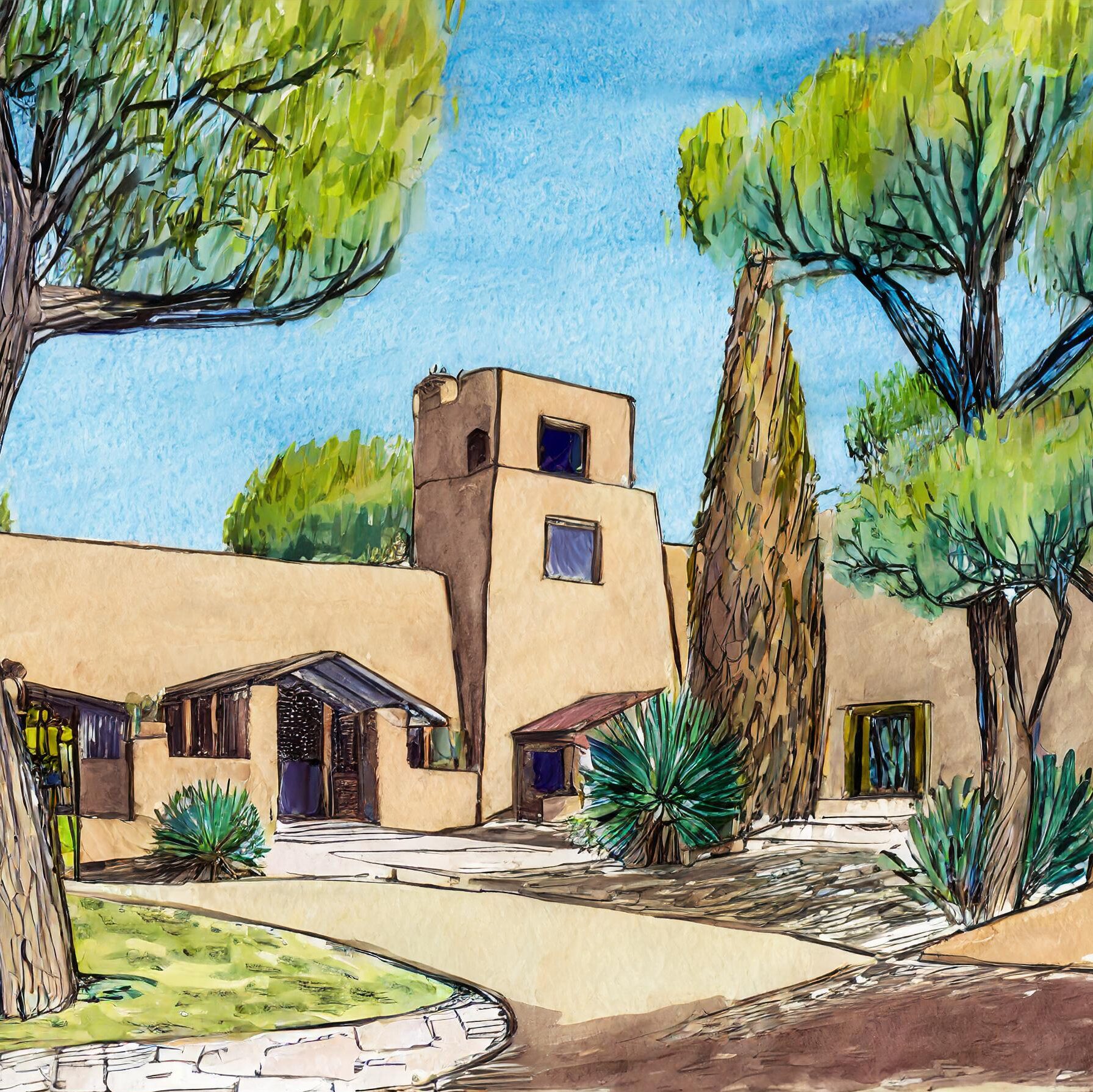 Firefly architectural concept drawing of a modern village plaza with adobe structures , pine trees,